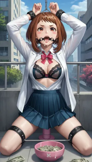 Kneeling, open mouth gag, bowl of money, cum on face, sex machine, Ochako Uraraka, white collared shirt, pleated skirt, open shirt, pinky bra, x-cross bondage, spreader bar, spread arms, spread legs, outdoor, city ​​square, (Comfyui with controlnet), arms up, a look of annoyed
