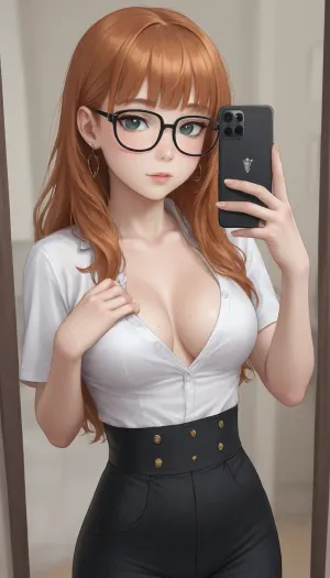 girlfriend, 25 years old, orange hair, long hair, straight hair, bangs, thick black glasses, freckles, sexy selfie, teasing selfie, slf, slim waist, cleavage, <lora:slf:1.6>