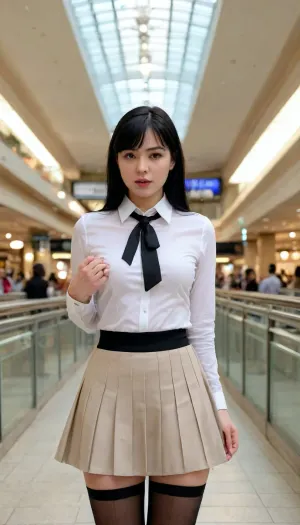 cum on face, (groping her exposed pussy + fingering pussy), white collared shirt, pleated skirt, Black pantyhose, black hair male fingering through clothes, male hand in female panties, standing, mall background, (Comfyui with controlnet), Model