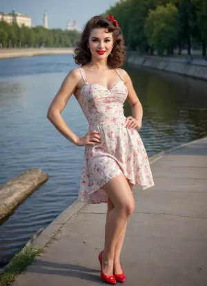 best quality, ultra-detailed, masterpiece, finely detail, highres, 8k, caucasion brunette woman, smile, 1980s, A bright dress, straight cut bangs, in beautiful long dress, 1970s pinup model, (painting), in the Moscow, USSR Epoch, curly hair, On the banks of the Moskva River, With car Volga, evening, pin up, beautiful dress, in the ussr, Happy woman, 50sphotorealistic, dawma3, realistic photo, gaz3102, #Pinup, #sovietpinup, #TypicalSovietwoman, #VeryHappy #woman, #Russian, #smile, #retro, #street, #park, #USSR, #Moscow, #Ссср complex background, ((bimbo make up)), Pin up style, Soviet pin up, Typical Soviet woman, style, ussr, Moscow, Very realistic woman, FASHION PICTURE, DYNAMIC POSE, FULL LENGTH PICTURE, full body visible, slim Woman, 40 years old, A communist woman, in Moscow, ((USSR Epoch)), beautiful pin up style dress, beautiful pin up style, In stockings, perfect lighting, retro lut, retro style, 8k woman, russianebenya, professional modelshoot style 8k high definition, lifebehindironcurtain