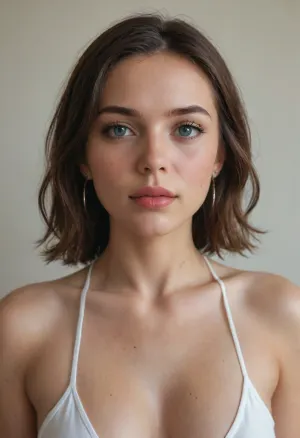 женщина лежит на животе на деревянной поверхности. Она одета в зеленую майку с золотистыми узорами и черной кружевной отделкой, а также в короткие джинсовые шорты.У женщины длинные волнистые темные волосы, которые распущены по плечам. На ней видна бижутерия, длинные серьги и браслет на руке. Маникюр на ее ногтях выполнен красным лаком.Фоном служит размытая зелень, включающая кустарники и деревья, что предполагает нахождение на природе. Освещение создает мягкий, рассеянный эффект