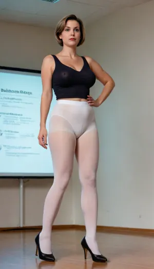 woman, female university professor with short hairs, perfect body explaining economics during a power-point presentation, she's naked, (giant natural boobs), perfect legs, heels, lecture, look at the viewer, view from afar, view from side, ((we can see her white pantyhose))