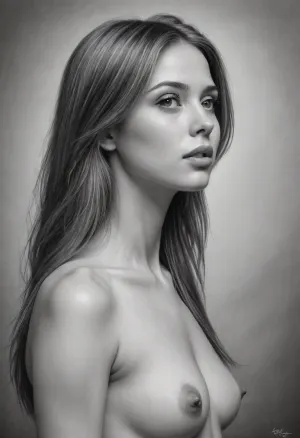 Pencil drawing, nude woman, slender, straight hair, posing, Fine Art, greyscale, side view, PEPencilDrawing, <lora:PE_PencilDrawing:1>