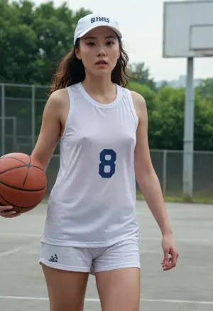 (masterpiece, best quality:1.2), 1 40yo woman, sexy asian woman, (she wears a wet baggy oversized white sleveless basketball shirt with big number " 8 ":1.4), outdoors in a motodrom, (longest curly brunette hair:1.2), she wears no bra, grey eyes, pointed nose and chin, (she wears a basecap:1.4), photorealism, Wearing, clothes, that, make, sense, with, Braless>, <lora:681678_training_data:.5>, <lora:bralessSDXL_v1_00022:.5>