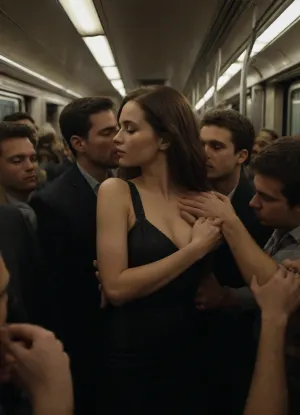 frottage, (sexy dressed girl), (tight crowd in a subway car), men touching against the clothed body of slender girl in a crowd, (many, hands, caress, a, woman's, body:1.3)