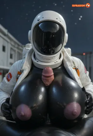 (front angle view), ((female, no face, mirrow astronaut helmet, white astronaut suit)), 5 fingers, (big breasts, hyper breasts, tiny areola:1.14), ((black rubber skin:1.4)), titjob, (((dynamic angle view, cock, male pov))), night, claws, ((Open clothing)), curvy figure, female, gloves claws, purple glowing Metallic nipples, gloves, outie, navel, thick thighs, voluptuous body, <lora:add-detail-xl:2>