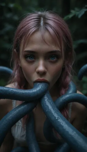 (maximum details:1.5), extreme closeup on tentacles entering a girl's mouth and keep moving inside her, keep on moving, further and further inside the girl, very cute obedient 18 yo petite girl, pink hair in pigtails, in dark thick woods at night, ((bright blue seamless tentacles with pointy ends gang bang the girl:1.4)), ((oral penetration:1.9)), thick saliva threads, white wet hair, extra cute, extremely pretty, cute round face and gorgeous face structure, gorgeous model face, ((wet hair)), (cinematic masterpiece), naughty aesthetic, insatiable beauty, <lora:dark:1.1>