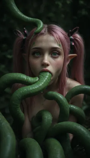 (maximum details:1.5), extreme closeup on tentacles entering a girl's mouth and keep moving inside her, keep on moving, further and further inside the girl, very cute obedient 18 yo petite girl, pink hair in pigtails, in dark thick woods at night, ((bright green seamless tentacles with pointy ends gang bang the girl:1.6)), ((oral penetration:1.9)), thick saliva threads, white wet hair, extra cute, extremely pretty, cute round face and gorgeous face structure, gorgeous model face, ((wet hair)), (cinematic masterpiece), naughty aesthetic, insatiable beauty, <lora:dark:1.1>