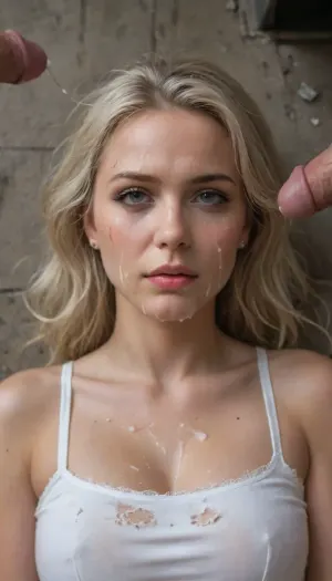 best quality, ultra detailed, masterpiece, 8k uhd, dslr, high quality, sharp body, highly detailed body, (realistic), white blonde MILF, 30 years old, beautiful figure crying, makeup stains, she sweats a lot, dressed in a sexy work attire that was torn, lying in a dirty abandoned building, her body and clothes are dirty, she was just brutally gang raped, Cum on girl, cum all over face and hair, covered in thick cum, 3 men, bukkake, cum, <lora:MS_Real_XL_Bukkake:1.6>