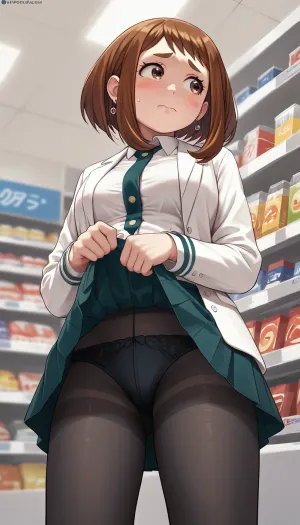 Ochako Uraraka, Surrender by man, view from below, from below, 1girl, solo, collared white shirt, buttoned jacket, pleated skirt, skirt lift, lifted by self, embarrassed, look away, black pantyhose, in supermarket, <lora:skirt lift XL V2:.5>