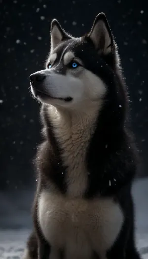 (black Husky:2), (slim furry:2), (flame fur:1.9), (blue eyes looking at me:1.3), (Starry sky:1.5), (side angle shot:1), (winter, large white snowflakes falling, snow on the head, large snowflakes, snowdrifts:2), face, taking, her, bad-picture-chill-75v, CyberRealistic_Negative, side view, badquality, low, quality, (expression pose:1.7), <lora:dark:.4>, <lora:badquality_v02:.4>