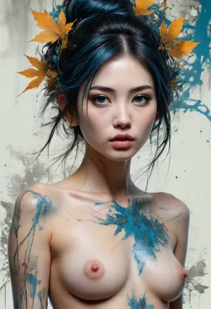 A full body portrait of a beautiful nude Japanese woman with piercing cerulean blue eyes and porcelain skin, her form is deconstructed and fused with a chaotic overlay of intricate black and blue scribble lines and ink drips, creating a dynamic wireframe effect. Her hair is a cascade of dark tresses interwoven with these lines, adorned with a crown of vibrant autumn leaves. The leaves, a stark contrast of golden yellow and rich teal-blue, trail down her neck and across her shoulders. The style is a fusion of surrealism, graphic sketch art, and fine art portraiture. In the style of Russ Mills and Carne Griffiths., (naked), (Japanese:1.5), (pretty face:1.8), (perfect nose:1.6), slender body, long legs, full body view, <lora:Midjourney Image Enhancer XL v1:.8>