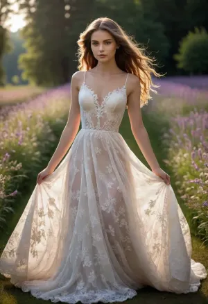 artistic, portrait, flowerfield, a stunning supermodel, a beautifully detailed face with captivating eyes and a serene expression, natural beauty, flawless skin, delicate features, blends modern and traditional elements, elegant lines, vibrant colors, exquisite details, her hair is styled in an intricate and unique fashion, ethereal and timeless aura, the lighting enhances her features, creating a soft interplay of light and shadow, clarity, she is wearing a transperent lace wedding dress, stretching pose, floating hair, breathtakingly, radiant, magnificent, engaging with space, interplay of light and shadow, beautiful colors, vibrant colorings, high dynamic, amazing depth, slow shutter speed, elaborate and elegant elements, timeless fine art. END, /#©KlTTY-ART/