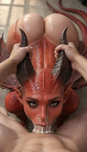 full body view, (focus on girl giving a blowjob, deep throat:1.2), (((pov hands, huge horns grab))), (cum spills from her mouth and nose:1.4), looking at the viewer, naked, (pointy ears, bald head), (red skin, huge wide webbed wings, (((little ass, long scaly tail))), huge red eyes, (black smokey eye makeup is running:1.2), (black lipstick:1.5)), (oiled body:1.4), Flame around background, five fingers, great angle of view, photo from below, (ultra-detailed skin, best quality, photorealistic, highres, ultra-detailed, HDR, bright sunlight), pov_deepthrt, deepthroating, a, man's, penis, blsdp, <lora:concept_pov_dt_xl2-000020:1.5>