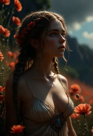A highly detailed and vibrant fantasy artwork featuring a 21-year-old fairy woman with blue eyes in a sunny poppy field. She wears a revealing light toga with authentic ancient ornaments, her mixed hairstyle consists of many braids and dreads with natural pink highlights. The scene is full of life and sunlight, with bright colors and magical atmosphere. Her curvaceous figure includes prominent and attractive buttocks. The composition combines joyful aesthetics with mystical elements of death, creating a unique contrast between dark and light themes while maintaining a predominantly sunny and lively tone. Art style inspired by Hayao Miyazaki and classical mythology illustrations., speedpaint, <lora:dark:.5>, <lora:detailed_notrigger:1.3>, <lora:MJ52:.3>, <lora:EnvySeedPaintXL02:2>