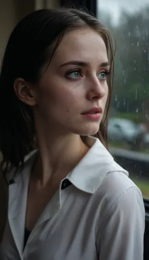 POV your 18yo neighbour asks to come in your house. It is raining outside and she is totally wet. Her makeup is ruined. She has a slender bony figure. She has a slender face with cheekbones. She has sharp chin and nose. She is wearing white office blouse, black office skirt, black boots and a raincoat. She is about to cry. She looks very sad and lonely.