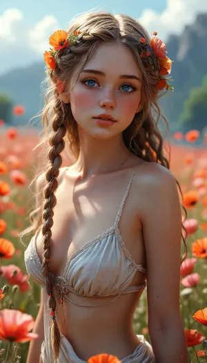 A highly detailed and vibrant fantasy artwork featuring full-length scantily clad a 21-year-old fairy woman with blue eyes in a sunny poppy field. She wears a revealing light toga with authentic ancient ornaments, her mixed hairstyle consists of many braids and dreads with natural pink highlights. The scene is full of life and sunlight, with bright colors and magical atmosphere. Her curvaceous figure includes prominent and attractive buttocks. The composition combines joyful aesthetics with mystical elements of death, creating a unique contrast between dark and light themes while maintaining a predominantly sunny and lively tone. Art style inspired by Hayao Miyazaki and classical mythology illustrations., speedpaint, <lora:detailed_notrigger:1.3>, <lora:MJ52:.3>, <lora:EnvySeedPaintXL02:2>