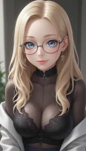 influenecer, 19 years old, (long eyelashes:1.7), blond hair, long hair, light blue eyes, black choker, (tight cute white lace top:1.3), big cleavage, strong blush, (big glasses:1.3), (transparent glasses), big tits, zoom on face and tits, smiling