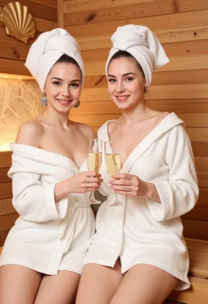 SPA salon, sauna, (two, (girls), 1.3), in white robes, in, (white towels on their heads:1.1), (holding champagne glasses:1.2), in the sauna, wooden interior, (golden shell:.8), on the wall, studio lighting, (warm, cozy light:1.1), happy, smiling faces, close-up, photorealistic, high detail, (high quality:1.2), professional photo, perfect eyes, subtle makeup, perfect smile, (bright lips), (detailed facial features), .