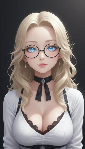 influenecer, 19 years old, (long eyelashes:1.7), blond hair, long hair, light blue eyes, black choker, (tight cute white lace top:1.3), big cleavage, strong blush, (big glasses:1.3), (transparent glasses), big tits, zoom on face and tits, smiling, sparkling eyes, glowing eyes, <lora:Jeweled eyes-NAI:1.4>