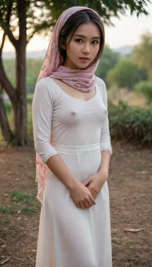 hentai beauty, 1girl, 18 years old, southeast asian girl, petite, detailed face, (scarf covering head, forehead, neck, hair), (undercap), kaftan, long sleeves shirt, long skirt, soft fabric, no, bra, covered, nipples, 3/4 body view, outdoor, <lora:nobrav1_SDXL:.2>