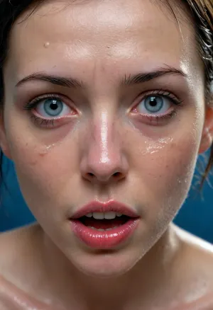 Female model. 35 yo. Coraline. Close on face. Mouth sewn shut. Lips sewn together., (Stitching:1.5), (Wet skin:1.6), .