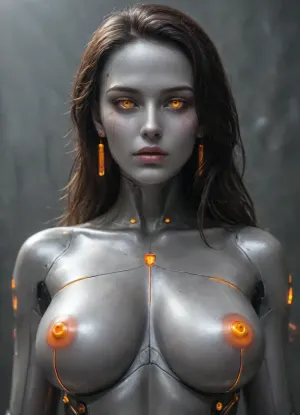 Brunetka 25 lat, nude, ((silver skin)), style haime sorayama art, (android skin:1.5), (robot skin), ((woman-cyborg)), (metal skin), cyborg woman, steel skin, (no areolas), (no niples), (FastNegativeV2), BadDream, Perfect face, (luminous orange eyes:1.5), translucent, transparent, faceless, cyborg, <lora:sdxl_glass:1.1>, <lora:291410_training_data:1.9>