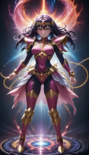 Shun from saint Seiya, cosmos background, wearing her pink mettalic armor, holding chains, full body, attacking posture, huge boobs, masterpiece, perfect lighting, intricate, incredible detail, perfect face