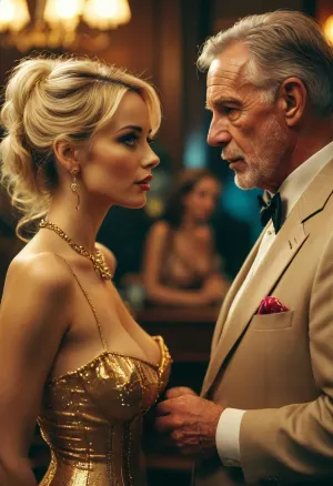 Slutty bimbo with older man, gold digger, <lora:MJ52:.8>