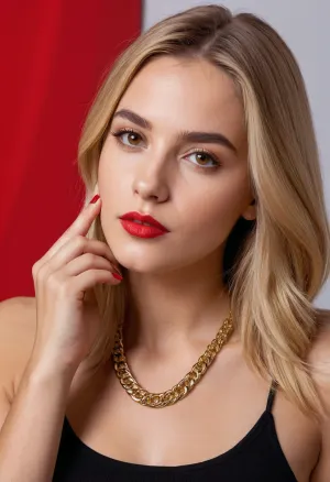 A young woman with shoulder-length blonde hair and fair skin. Her hair is styled straight, with a small parting on the side. She has brown eyes with mascara and well-shaped eyebrows. Her lips are coated with lip gloss. She is wearing a light-colored T-shirt and a gold chain around her neck. Her right hand is raised, with her fingers touching her chin. Her nails are painted a bright red color.