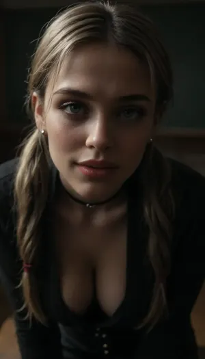 sitting at the classroom, (((18 years old))), (slutty school outfit), athletic body, hip gap, (blonde long pigtails), 1girl, medium natural breast, blouse, (high detailed face:1.5), (accentuated cheekbones), thick red lips, (wide opened blue eyes), ((face close up)), (hanging cleavage:1.3), (horny and happy face:1.3), (mouth opened:.8), (smokey eyes makeup:1.3), black choker, (black background, chiaroscuro lighting:.5), red lips, <lora:sunnyrayyxo_v1_SDXLBase:.4>, <lora:dark:.4>