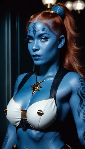 Scottish 25 year old woman posing, (blue skin:1.9), (pearky boobs:1), (wide hips:1), science fiction starship, ginger hair, ponytail, photoshoot, (full body view:1), night, Space Force uniform, (erect penis), (futanari:1), (horny:1.6), (covered in cum:1)
