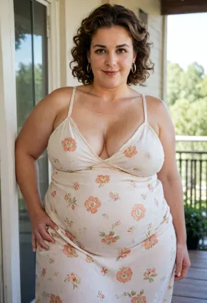 (obese:1.5), A beautiful 54-year-old mom in a floral sundress, downblouse, (short windblown hair), on a patio, standing and leaning over to pour iced tea. Her gaze is on the viewer. She is purposely showing cleavage. She has a mischievous smile. Bright amber eyes, tanlines, lots of freckles, slender. Erect nipples under her dress, woman, high detail, masterpiece