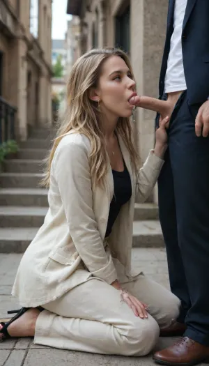 A full-length portrait of a young Russian woman in her 20s in a traditional costume with intricate lace details in bright, saturated colors. The painting is made in a highly detailed technique of watercolor and glaze, as well as colored alcohol ink, which resembles the style of Viktor Vasnetsov. A woman, kneeling, gets oral pleasure from a man in a beautiful frock coat., (Penis in mouth:1.5), (Cum on lips), (Penis in hand:1.5), (very detailed face), . A full-length woman. A scene on the background of a staircase in an apartment building. She has very long blonde hair that falls over her chest. The clothes are slightly open.