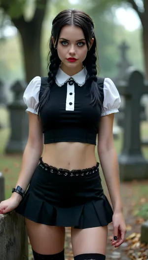 View from thighs up of small breasted 19 age adult Wednesday Addams standing in a dark graveyard wearing black panties, interested, gorgeous, 19 years old, small firm erected perky firm breasts, pierced hsrd erected small nipples, vrry tight fitting 80 percent transparebt, extremely short black school mini skirt showing lace thong, white button shirt expressive eyes, long eyelashes, eyeliner and mascara, pink lipstick, black thigh high woolsocks, black converse sneakers, spike cokkar, subtle alluring horny smile, dark graveyard background, but, <lora:MJ52:2>, <lora:add-detail-xl:2>, <lora:BUT_SDXL_SHS:.3>
