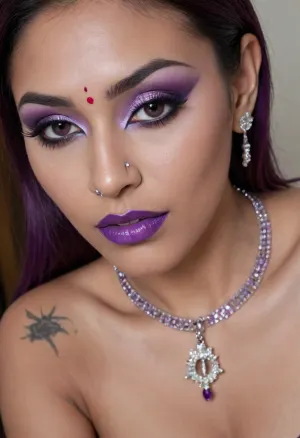 (high-quality facial detail:1.3), Indian sexy beautiful girl, (blue eyes:1.3), ((bimbo makeup, intense saturated glossy purple lipstick:1.2)), (Indian face:1.9), ((makeup:1.8), long blue eyelashes, olive eyeshadow with glitter), (lips:1.2), open mouth, saliva, in a transparent tight-fitting sequined dress, (pink-purple areoles are visible, nipples with piercings), an exquisite necklace and gold bracelets, (purple anus stretched around dildo), mid ejaculation, (penetration), she has long hair tied up in a bun, (purple pussy:1.7), nipple ringsnipple, (purple puffy anus:1.5), nipple ringsnipple rings, pussy view, slit pussy, slender long legs with a high waist, fishnet stockings, green stilettos, seductive grins, dark skin., (cum in mouth:1.3), (heavy pussy piercing:1.7), There is a lot of cum on the pubic area of the anus