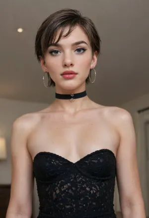 trans Andylynn Payne alone in dress, choker, big hoop earrings, short pixie-cut hair, flat-chested, cock is showing below the hem of dress, eyeshadow, mascara, eyeliner, lipstick, blush, background is a dark bedroom, flat, chested, andylynn55, <lora:flat_chested_v3.5:2>, <lora:AndyLynn55:2>