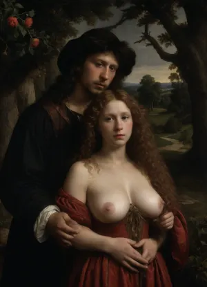The lady with the camellias, chubby, man, painting, (style of Albrecht Durer:1.8), LindaBlairSDXL, couple, <lora:dark:.8>, <lora:LindaBlairSDXL:.8>, <lora:XL-coupleMV2:.8>