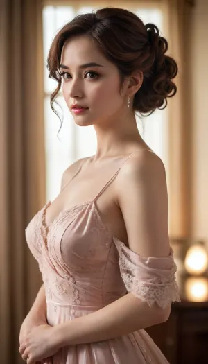 A beautiful, mature anime-style woman in her early 40s, with a sophisticated and elegant aura. She has smooth, warm-toned skin, expressive dark eyes, and long wavy hair styled in a refined updo with loose strands framing her face. She is wearing a flowing silk dress with delicate lace details, draped elegantly over her shoulders. Her pose is graceful and subtly suggestive — one hand lightly touching her neck, the other holding the edge of her dress. The lighting is soft and warm, creating gentle shadows and highlights that enhance her curves and the texture of the fabric. She stands in a cozy, softly lit room, with a large mirror reflecting her silhouette, adding depth and mystery. Anime-style illustration, ultra-detailed, cinematic lighting, elegant and sensual atmosphere, 8k resolution, soft focus, subtle blush on cheeks, glossy hair highlights.