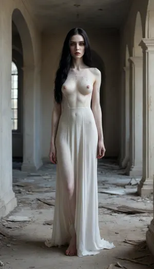 High contrast, supernatural ghost girl, alternative, goth, black very very long hair, slender figure, wide hips, shadow figure, (skin painted pale white:1.7), seductive, imposing, mascara, mysterious presence, haunting presence, stunning long legs, ghost girl, high-heeled sandals, elegant transparent robe, ethereal, walking through a Abandoned and heavy ruined and dreadful architecture, broken dirty windows, few Autumn leaves on the palaces floor, Peeling paint on the walls, large soot marks on the walls and ceilings, dark atmosphere