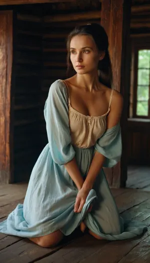 The girl is about thirty years old, her appearance is characteristic of the Tatar type of beauty, her bright eyes shine brightly. She is dressed in a loose-fitting, light-colored house dress with a deep round neck and thin straps, one of which slipped off her shoulder unnoticeably. Her luxurious long dark hair is neatly gathered into a loose ponytail, revealing the delicate line of her neck. The natural breast of the third size gently descends down, emphasizing the femininity of the figure. The girl is concentrating on bending over the wooden floor of an ancient Russian house, carefully wiping the surface with a damp cloth
