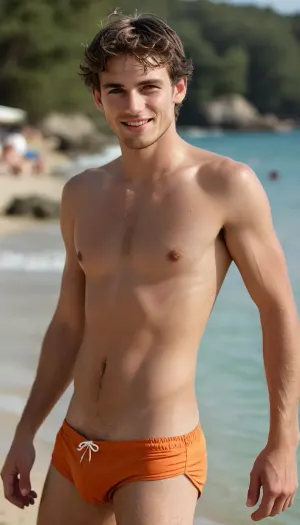 Candid. Spy. 2 men. Nude beach, two handsome college frat boys with fratty twink builds looking at each other, groping each other, treasure trails, natural chest hair, thick pubic hair visible, (man 1, blond hair, lean and wiry build, swim-shorts tugged down and cock hanging out, calm relaxed smile as he gestures for comparison), (man 2, brunette, softer skinny build with a soft belly, swim-shorts half-pulled down exposing cock, subtle smirk as he leans closer), both casually comparing penis sizes, embarrassed but calm expressions, playful homoerotic tension, relaxed amateur vibe, candid moment, <lora:MJ52:.8>, perfect, eyes, skin, blemish, detailed, <lora:polyhedron_all_sdxl-000004:.8>