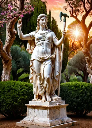 An ancient Greek sacred grove at sunset. Centuries-old laurel trees surround, (a marble statue of the goddess Artemis, which is being created by an architect dressed in a comfortable exomis:1.2), (he is creating the statue with the help of tools in his hands:1.4), . In the background, the facade of a small Doric temple is visible. A stone stream murmurs nearby. The sky is painted in warm orange and pink tones. Classical style, detailed drawing, epic landscape. Detailed image, high resolution, 8K, dynamic movement of the work at the moment, correct lighting for this work.