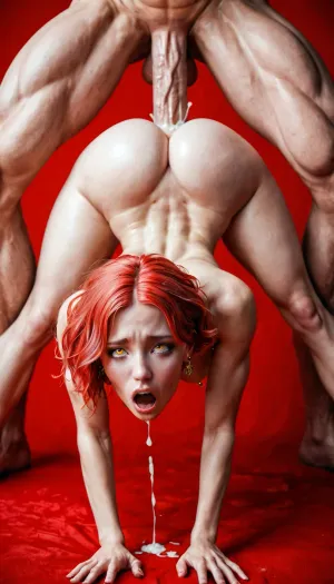 21 year old girl with a red background, gold choker, gold nipple piercing, (hardcore doggystyle, getting fucked by 2 men with huge cocks, face fucked and ass fucked, legs spread, ass spread, arched back), light red hair and yellow eyes, open mouth, ((medium breast, massive ass, super skinny, small hips, mix-anatomic body, fit, naked)), cum, small stomach bulge, throat bulge, cumming, boobs hanging, full body photo, back view
