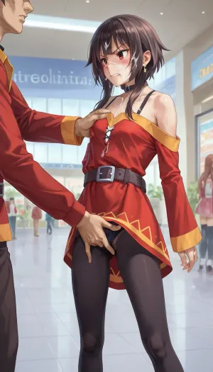 Angry, Megumin, cum on face, (groping her exposed pussy + fingering pussy), red dress, Black pantyhose, black hair male fingering through clothes, male hand in female panties, standing, mall background, (Comfyui with controlnet), Model