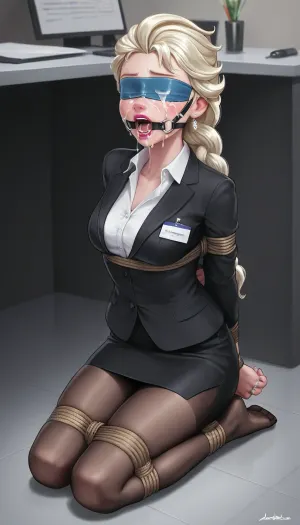 Office clothes, blindfolded, Elsa Frozen, business lady, black pantyhose, 1girl, tied, tied arms, tied legs, solo, blonde hair, kneeling, cum on face, full body, office, ring gag, open mouth gag
