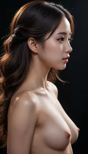1girl, manhua beauty, gentle, naked, flat chest, extremely detailed hair, nipples texture, side view, close up, black background, rimlight