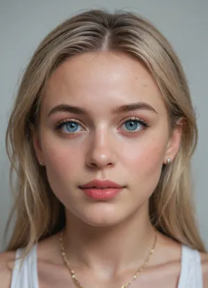 Natalii amateur Use face my wife ? Natalii 24-years-old Ukrainian woman, blonde hair, Photo galery Natalii -
https, //www.deviantart.com/natalii24hot
"A photorealistic close-up portrait of a young Caucasian woman exactly 25 years old with an oval face shape, fair porcelain skin with subtle natural blush and flawless texture, high defined cheekbones, soft rounded chin, and gentle jawline without sharpness. Her eyes are large and slightly wide-set almond-shaped with light blue-gray irises, thick dark upper eyelashes, thinner lower lashes, subtle black eyeliner on upper lids only, and neutral eyeshadow for a natural look, (eyes:1.3), . Eyebrows are medium-thick, naturally arched with a soft curve, dark blonde to light brown in color, starting fuller at the inner corners and tapering outward, (eyebrows:1.2), . Nose is straight and medium-length with a smooth bridge, slightly rounded tip, small nostrils, and no flare, (nose:1.2), . Lips are full and plump with a defined cupid's bow, upper lip slightly thinner than lower, painted in matte deep red lipstick, forming a subtle confident smile revealing a hint of straight white teeth and faint dimples on cheeks, (lips:1.3), . Hair is shoulder-length dirty blonde with warm honey highlights and subtle darker roots, straight at the top transitioning to soft loose waves at the ends, parted off-center to her left, (viewer's right), with a few strands softly framing the face and falling over the forehead, (hair:1.2), . She wears a small solitaire diamond ring on her right ring finger, a gold chain-link watch with white face on her left wrist, and a thin silver bracelet just below it. Expression is playful yet composed, with a direct engaging gaze at the viewer, head tilted slightly to her right. Ultra-detailed facial features, exact replication of proportions and symmetry, no distortions or variations, photorealistic, 8k resolution, sharp focus on face, realistic skin pores and subtle freckles absent, identical to reference image."