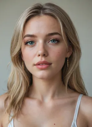 Natalii amateur Use face my wife ? Natalii 24-years-old Ukrainian woman, blonde hair, Photo galery Natalii -
https, //www.deviantart.com/natalii24hot
"A photorealistic close-up portrait of a young Caucasian woman exactly 25 years old with an oval face shape, fair porcelain skin with subtle natural blush and flawless texture, high defined cheekbones, soft rounded chin, and gentle jawline without sharpness. Her eyes are large and slightly wide-set almond-shaped with light blue-gray irises, thick dark upper eyelashes, thinner lower lashes, subtle black eyeliner on upper lids only, and neutral eyeshadow for a natural look, (eyes:1.3), . Eyebrows are medium-thick, naturally arched with a soft curve, dark blonde to light brown in color, starting fuller at the inner corners and tapering outward, (eyebrows:1.2), . Nose is straight and medium-length with a smooth bridge, slightly rounded tip, small nostrils, and no flare, (nose:1.2), . Lips are full and plump with a defined cupid's bow, upper lip slightly thinner than lower, painted in matte deep red lipstick, forming a subtle confident smile revealing a hint of straight white teeth and faint dimples on cheeks, (lips:1.3), . Hair is shoulder-length dirty blonde with warm honey highlights and subtle darker roots, straight at the top transitioning to soft loose waves at the ends, parted off-center to her left, (viewer's right), with a few strands softly framing the face and falling over the forehead, (hair:1.2), . She wears a small solitaire diamond ring on her right ring finger, a gold chain-link watch with white face on her left wrist, and a thin silver bracelet just below it. Expression is playful yet composed, with a direct engaging gaze at the viewer, head tilted slightly to her right. Ultra-detailed facial features, exact replication of proportions and symmetry, no distortions or variations, photorealistic, 8k resolution, sharp focus on face, realistic skin pores and subtle freckles absent, identical to reference image."