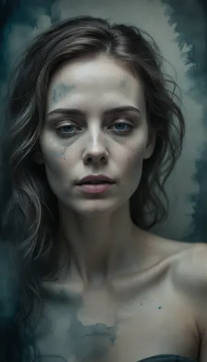 portrait of a woman rendered through surreal ink and wash, soft moonlit illumination revealing quiet introspection and emotional fragility, the edges of form gently dissolving into mist, as if fading between memory and presence, shadows bleeding into translucent watercolor pools, whispering ink lines tracing the contours of the face, cool desaturated palette of teal, slate blue, and pearl gray evoking melancholy and stillness, realistic anatomy portrayed through expressive brushwork and subtle surreal textures, a balance between realism and dissolution, clarity and dreamlike impermanence.